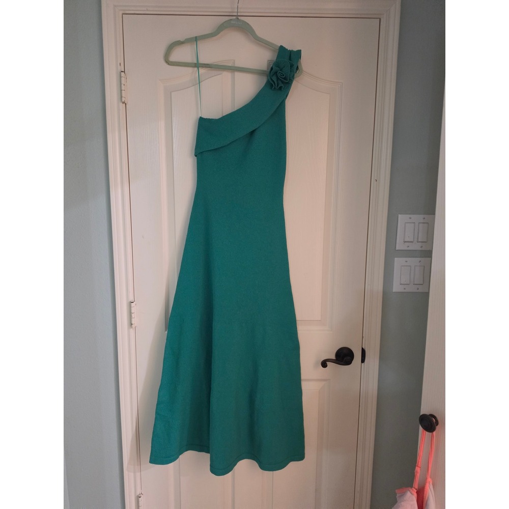 Blue Blush Teal Green One Shoulder Rosette Knit‎ Midi Dress Womens Small
